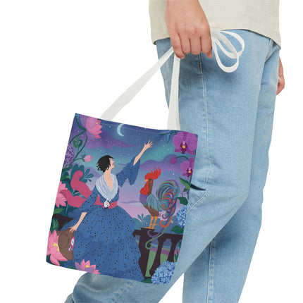 🌙🐓 The Lady Of The Moonlit Rooster Garden Tote Bag – Art Deco Floral Fantasy