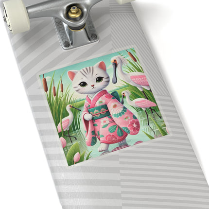 Geisha Kitten Strolls Among the Spoonbills Kiss-Cut Stickers (4 Sizes)
