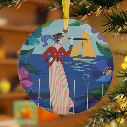 ⛵🌺 The Lady Of The Golden Horizon Glass Ornament – Art Deco Coastal Elegance