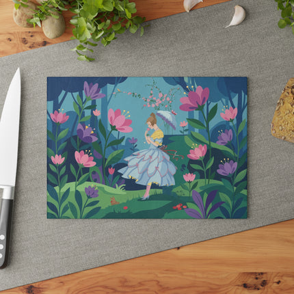 🌸🐇 The Lady Of The Secret Flower Wood Glass Cutting Board – Art Deco Enchanted Garden Fantasy