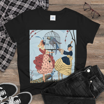 🦚🦜 The Ladies Of The Garden Aviary Cotton Tee – Art Deco Bird Fantasy