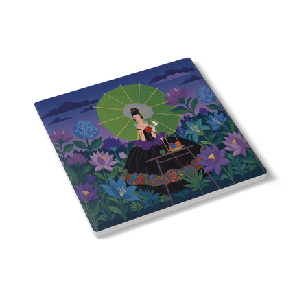 🧶☂️ The Lady Of The Moonlit Garden Knitting Ceramic Coaster – Art Deco Floral Whimsy