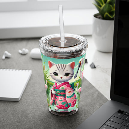 Geisha Kitten Strolls Among the Spoonbills Sunsplash Tumbler with Straw, 16oz