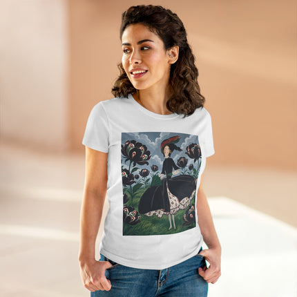 ❤️🌺 The Scarlet Parasol Garden Cotton Tee – Art Deco Floral Elegance