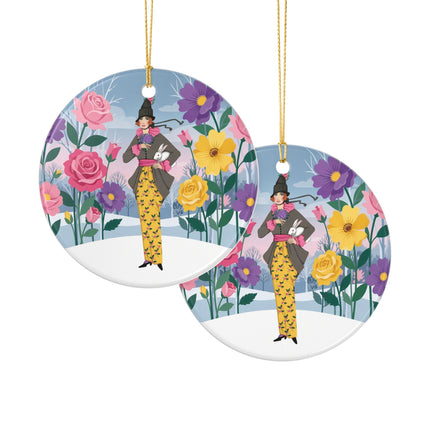 🐇🌸 The Lady With The White Rabbit Ceramic Ornament – Art Deco Floral Whimsy