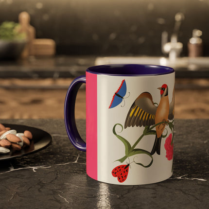 Goldfinch & Pink Flowers Colorful Mugs – Vibrant Spring & Bold Beauty