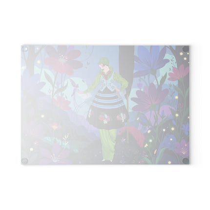 🌙🌸 The Lady Of The Firefly Garden Glass Cutting Board – Art Deco Midnight Floral Fantasy