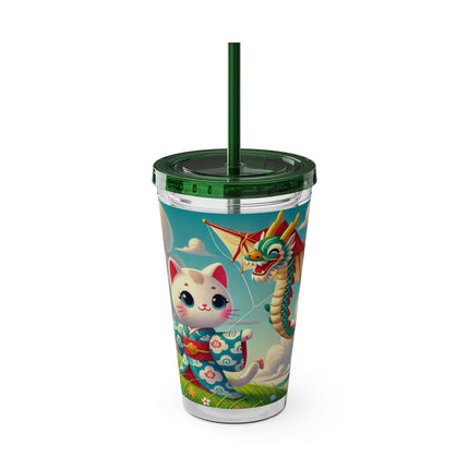 Geisha Kitten and the Dragon Kite Sunsplash Tumbler with Straw, 16oz