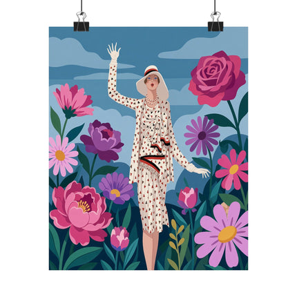 🌸👒 The Lady Of The Grand Flower Garden Matte Vertical Poster – Art Deco Fashion Illustration