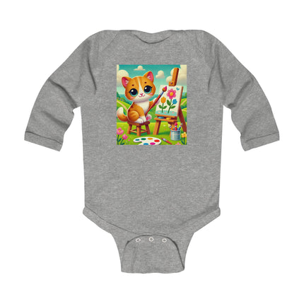 Kitten’s Creative Day Baby Long Sleeve Bodysuit – Whimsical Artist Kitten Garden Design