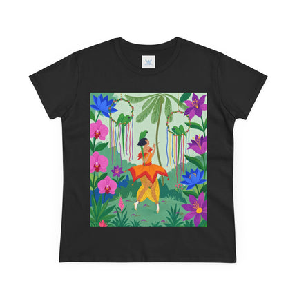 🌺🦜 The Tropical Garden Serenade Cotton Tee – Colorful Art Deco Fantasy