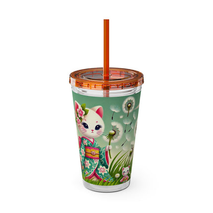 Geisha Kitten and the Dandelion Wish Sunsplash Tumbler with Straw, 16oz