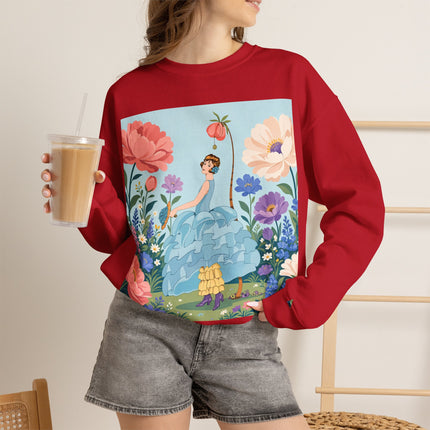 🌸🩵 The Blue Ruffle Garden Crewneck Sweatshirt – Art Deco Floral Whimsy