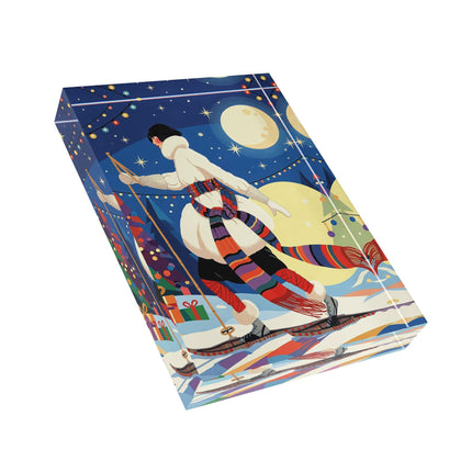 🌙🎿 The Moonlit Christmas Skier Acrylic Art Block – Whimsical Holiday Fantasy