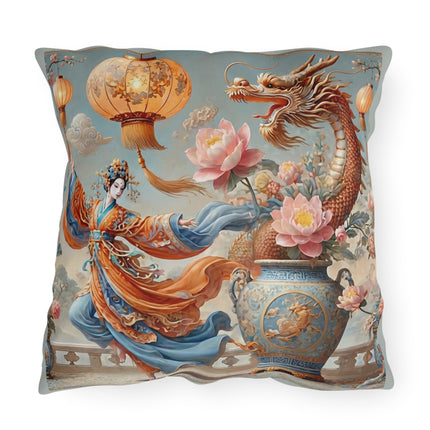 Golden Dragon & Lantern Lady Outdoor Pillows – Imperial Dragon & Elegant Harmony
