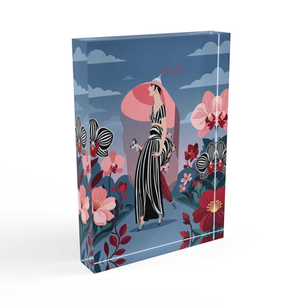 🌸🖤 The Lady Of The Striped Orchid Acrylic Art Block – Art Deco Floral Elegance