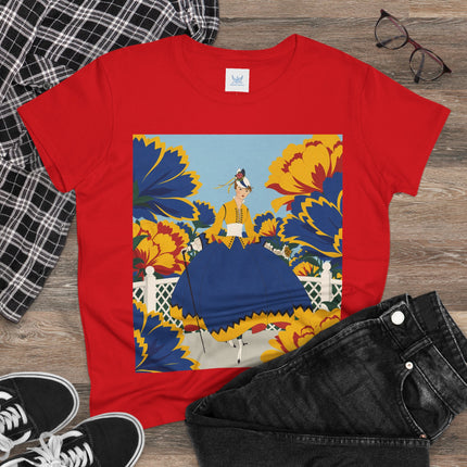💙🌼 The Golden Petal Promenade Cotton Tee – Art Deco Floral Elegance