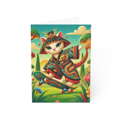 🐉🛹 The Dragon Skateboard Kitten Greeting Card – Whimsical Enchanted Garden