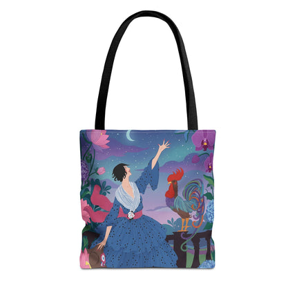 🌙🐓 The Lady Of The Moonlit Rooster Garden Tote Bag – Art Deco Floral Fantasy