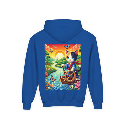 Sailor Kitten’s River Adventure Youth Hooded Sweatshirt – Playful Journey & Colorful Discovery