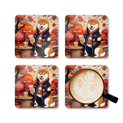 Shiba Inu at an Autumn Harvest Fair Corkwood Coaster Set