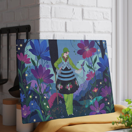 🌙🌸 The Lady Of The Firefly Garden Glass Cutting Board – Art Deco Midnight Floral Fantasy