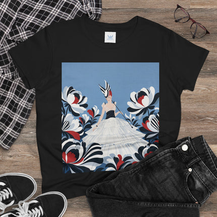 🖤🌸 The Black And Ivory Blossom Garden Cotton Tee – Art Deco Fashion Illustration