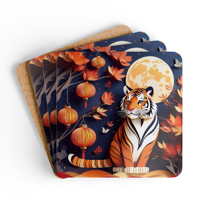 Tiger at an Autumn Moon Viewing Corkwood Coaster Set