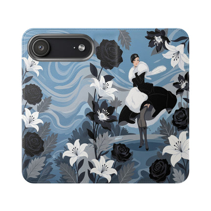 🖤🤍 The Lady Of The Black Rose Garden Flip Case – Art Deco Floral Elegance