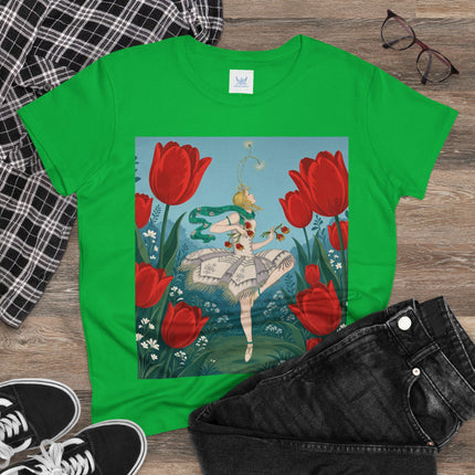 🌷🩰 The Scarlet Tulip Ballet Cotton Tee – Art Deco Floral Whimsy