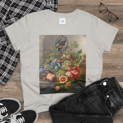 Still Life With Flowers, Fruit, A Great Tit And A Mouse by Herman Henstenburgh Women's Midweight Cotton Tee