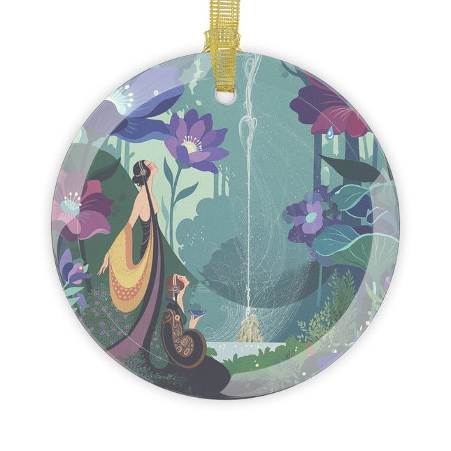 🌙⛲ The Lady Of The Moonlit Fountain Glass Ornament – Art Deco Fashion Illustration