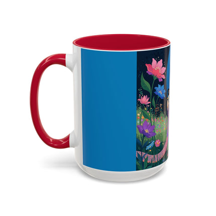 The Lady And The Moonlit Peak Colorful Mugs – Art Deco Alpine Garden Elegance