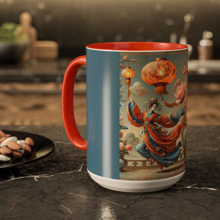 Golden Dragon & Lantern Lady Colorful Mug – Imperial Dragon & Elegant Harmony