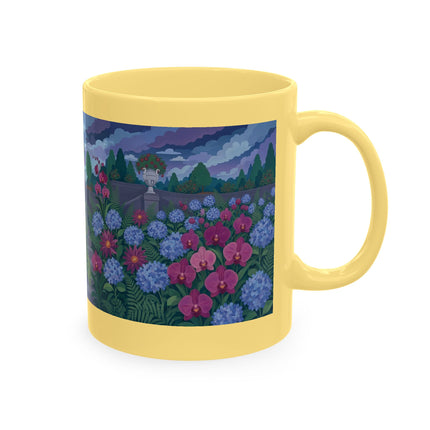 🦚🌸 The Lady & The Peacock On The Garden Steps Ceramic Mug – Art Deco Garden Elegance