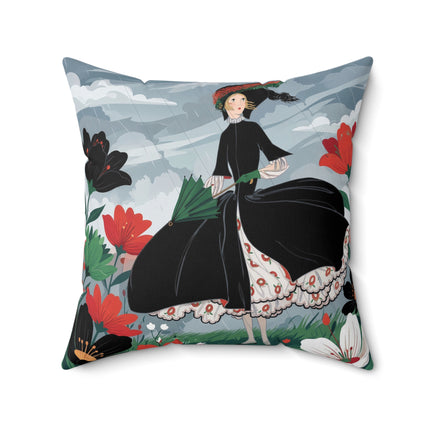 🌧️🌺 The Stormy Flower Walk Square Pillow – Art Deco Floral Fashion