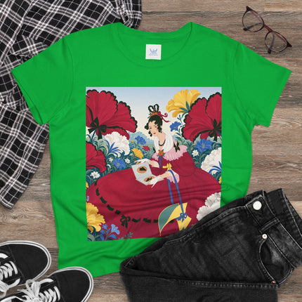 ❤️🌺 The Scarlet Garden Storybook Cotton Tee – Art Deco Floral Elegance
