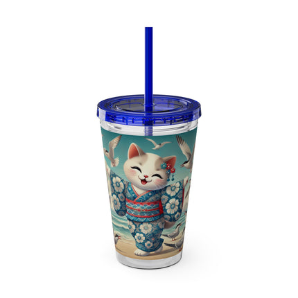 Geisha Kitten by the Seaside Sunsplash Tumbler with Straw, 16oz