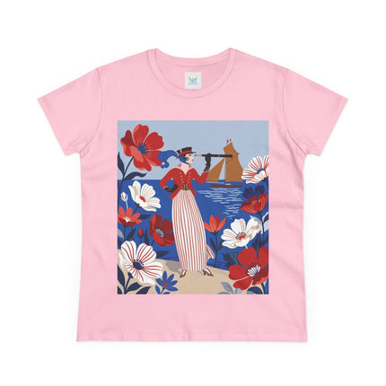 ⚓🌺 The Seaside Flower Adventurer Cotton Tee – Art Deco Nautical Fashion