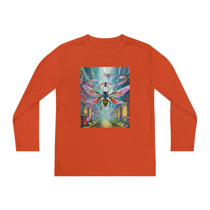 Neon Swarm Youth Long Sleeve Competitor Tee – Cyberpunk Flight & Futuristic Energy