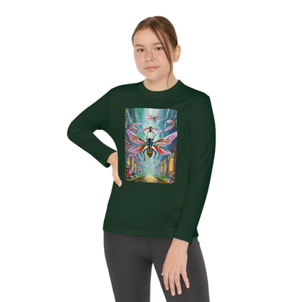 Neon Swarm Youth Long Sleeve Competitor Tee – Cyberpunk Flight & Futuristic Energy