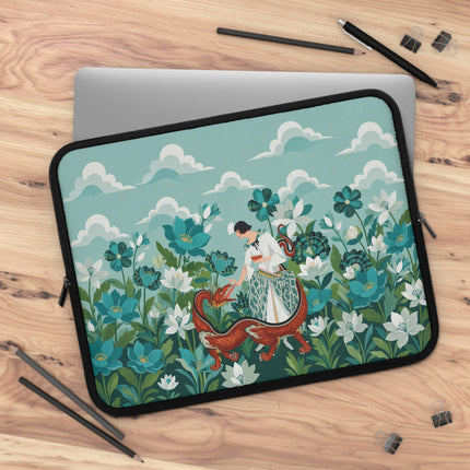 🐉🌿 The Lady And The Garden Dragon Laptop Sleeve – Art Deco Fantasy Elegance