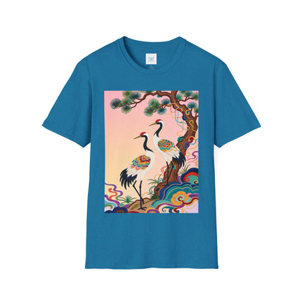 🐦🌸 The Enchanted Crane Garden Softstyle T-Shirt – Oriental Elegance & Colorful Harmony