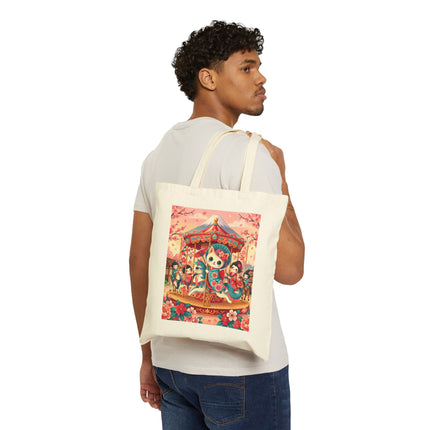 Geisha Kitten's Enchanted Carousel Ride Cotton Canvas Tote Bag – Whimsical Dreams & Cherry Blossom Magic