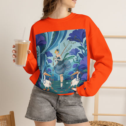 🪶🌺 The Pelican Garden Dance Crewneck Sweatshirt – Art Deco Botanical Whimsy