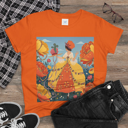 🧡🌼 The Golden Flower Promenade Cotton Tee – Art Deco Floral Elegance