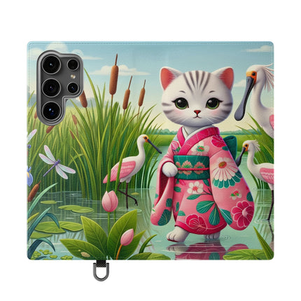 🦩🌸 Geisha Kitten Strolls Among the Spoonbills Flip Case – Serene Grace & Marshland Wonder
