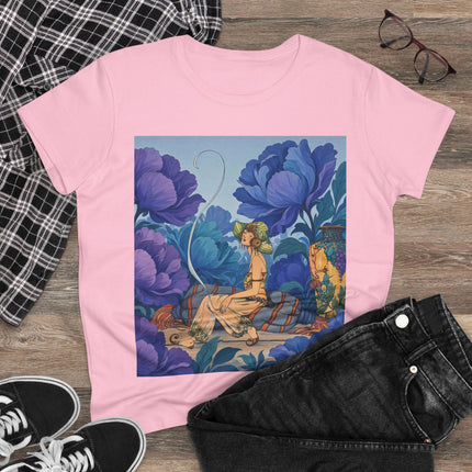 💙🌸 The Lady Among The Blue Blossoms Cotton Tee – Art Deco Floral Reverie