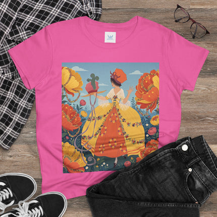 🧡🌼 The Golden Flower Promenade Cotton Tee – Art Deco Floral Elegance