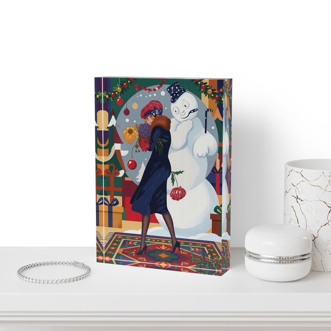 ☃️🎄 The Snowman's Christmas Companion Acrylic Art Block – Art Deco Holiday Fantasy